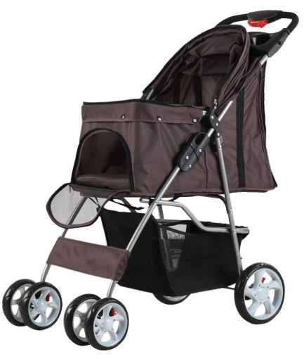 FOLDING SMALL ANIMAL STROLLER FOR CAT DOG UP TO 15KG CONVENIENT TRANSPORTER Color brown