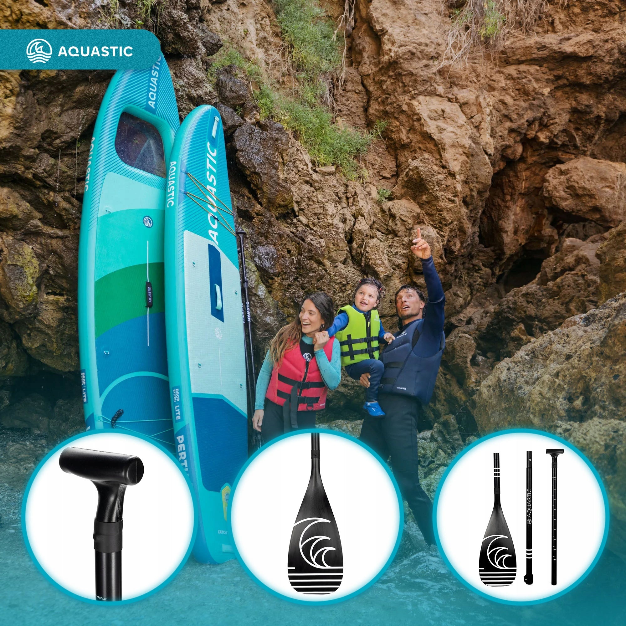 FOLDING SUP paddle 3-piece AQUASTIC 140-180 cm black ADJUSTABLE Model AQS-SPD001