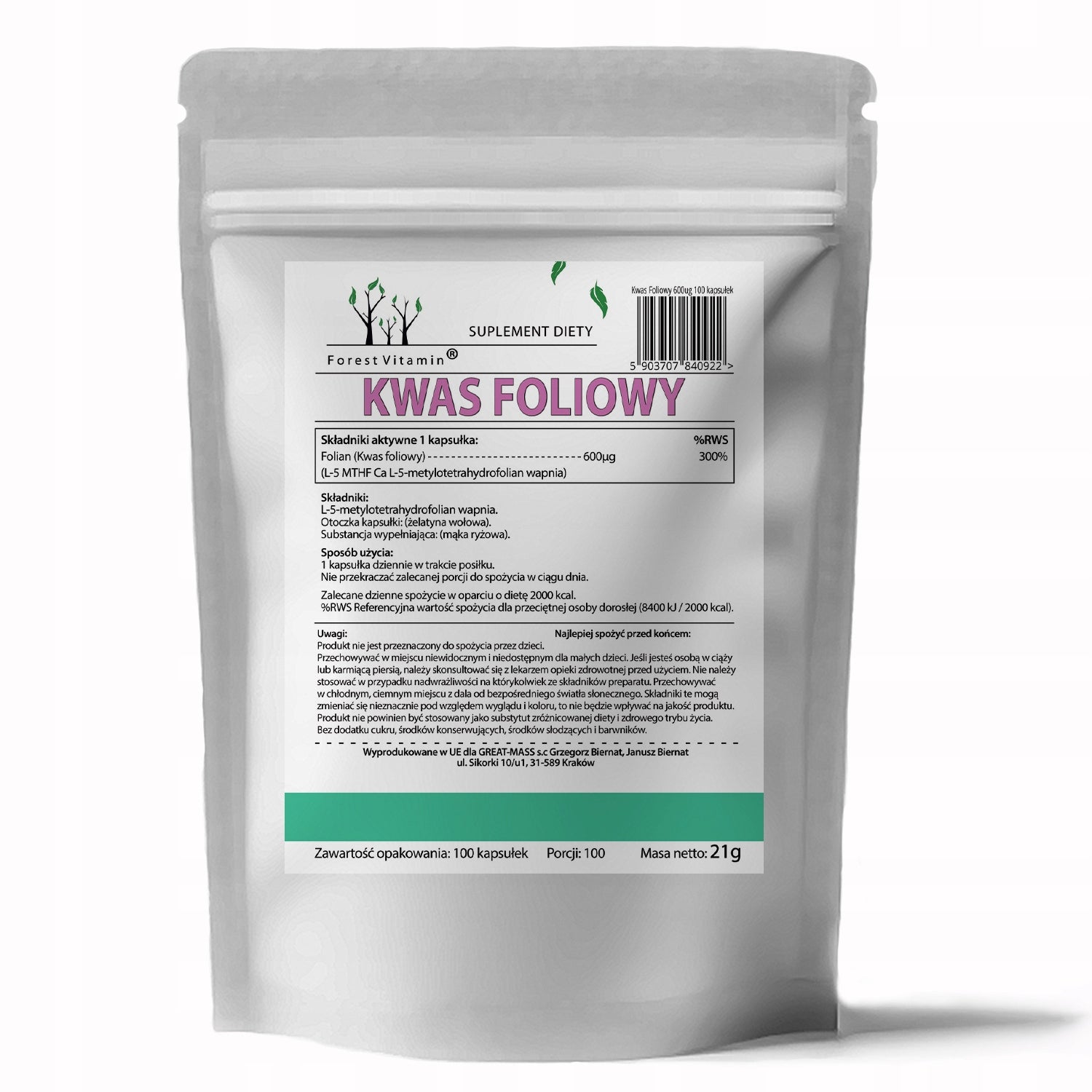 FOLIC ACID L-5-MTHF-Ca 600µg METHYL FOLATE STRONG ACTIVE FORM OF FOLATE Brand Forest Vitamin