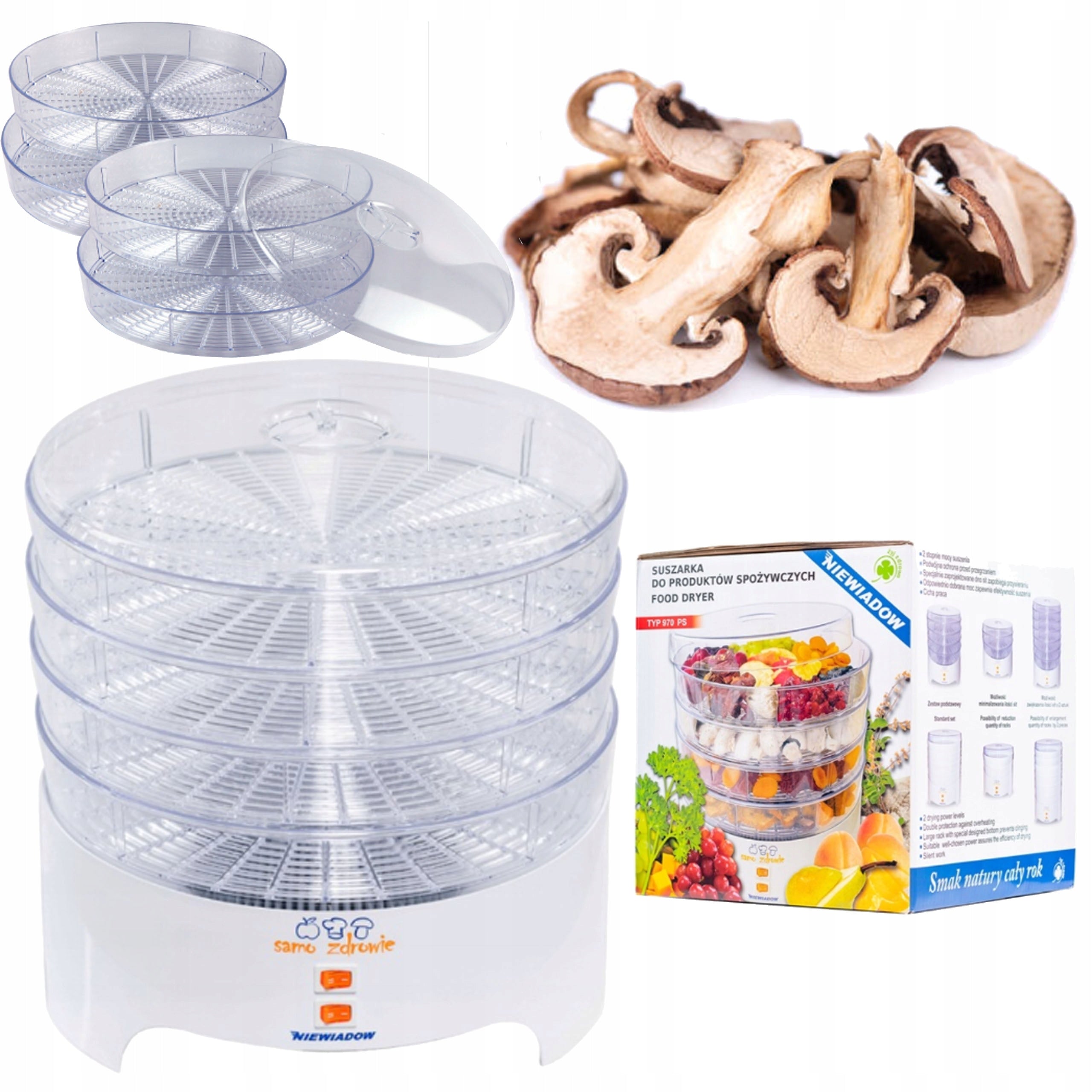 FOOD DRYER FOR MUSHROOM VEGETABLES FRUIT HERBS NIEWIADÓW 4 LEVELS OF SIEVES EAN (GTIN) 5906817244482