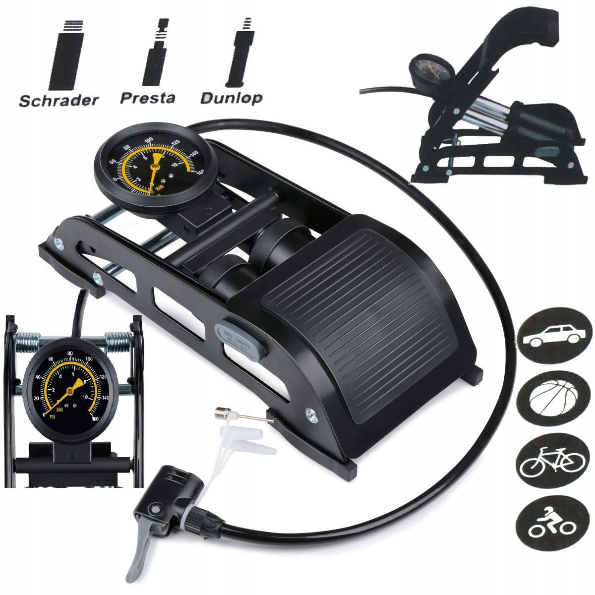 FOOT PUMP 2 PISTON WITH PRESSURE GAUGE BICYCLE CAR BALL DUNLOP