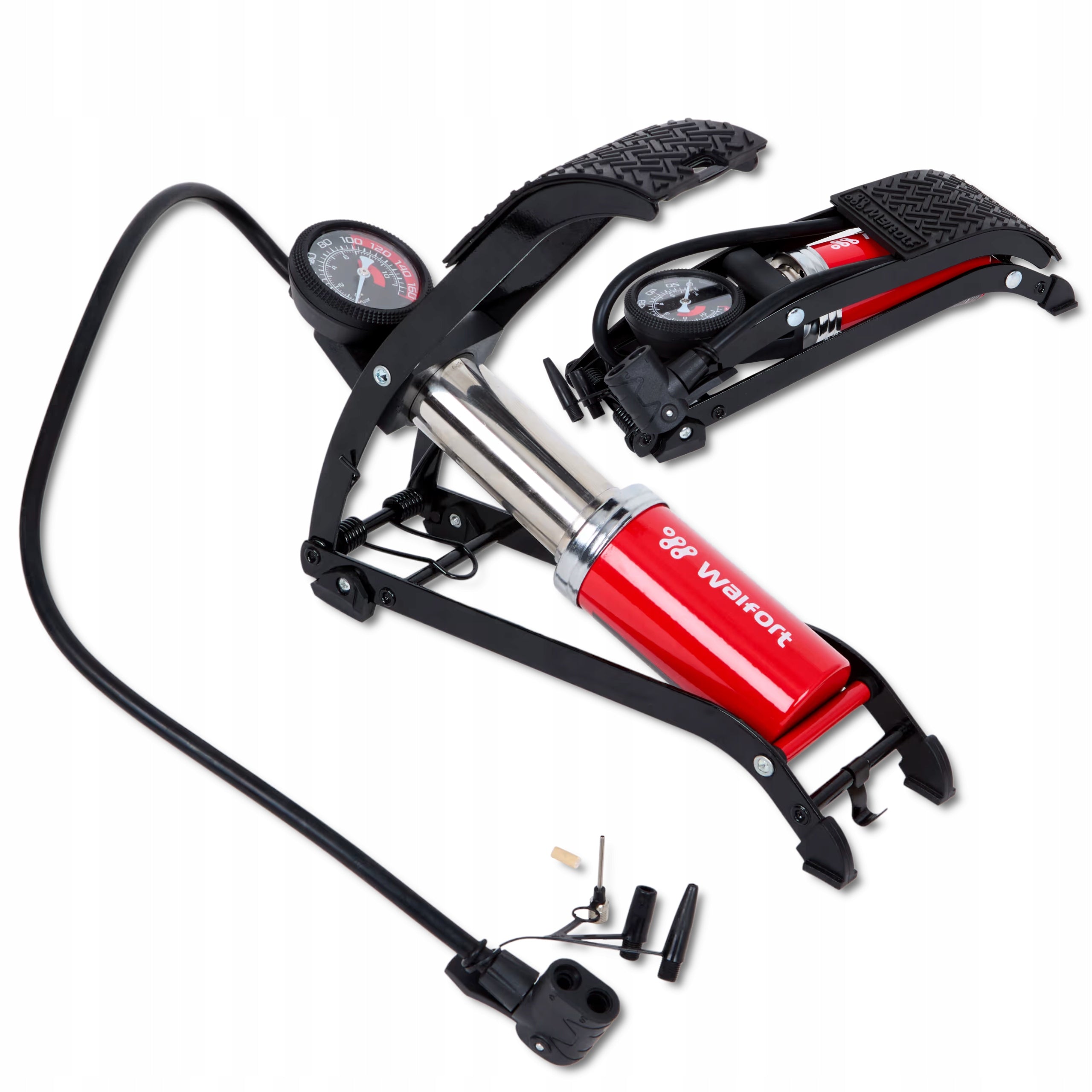 FOOT PUMP WITH HOSE FOR BICYCLE CAR WHEELS WITH PRESSURE GAUGE + TIPS