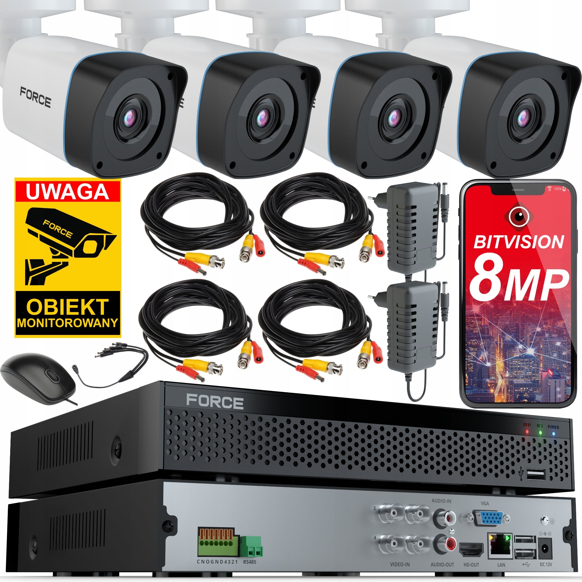 FORCE 4x Monitoring Kit AHD Camera 8MPx 4K, ONLINE PREVIEW