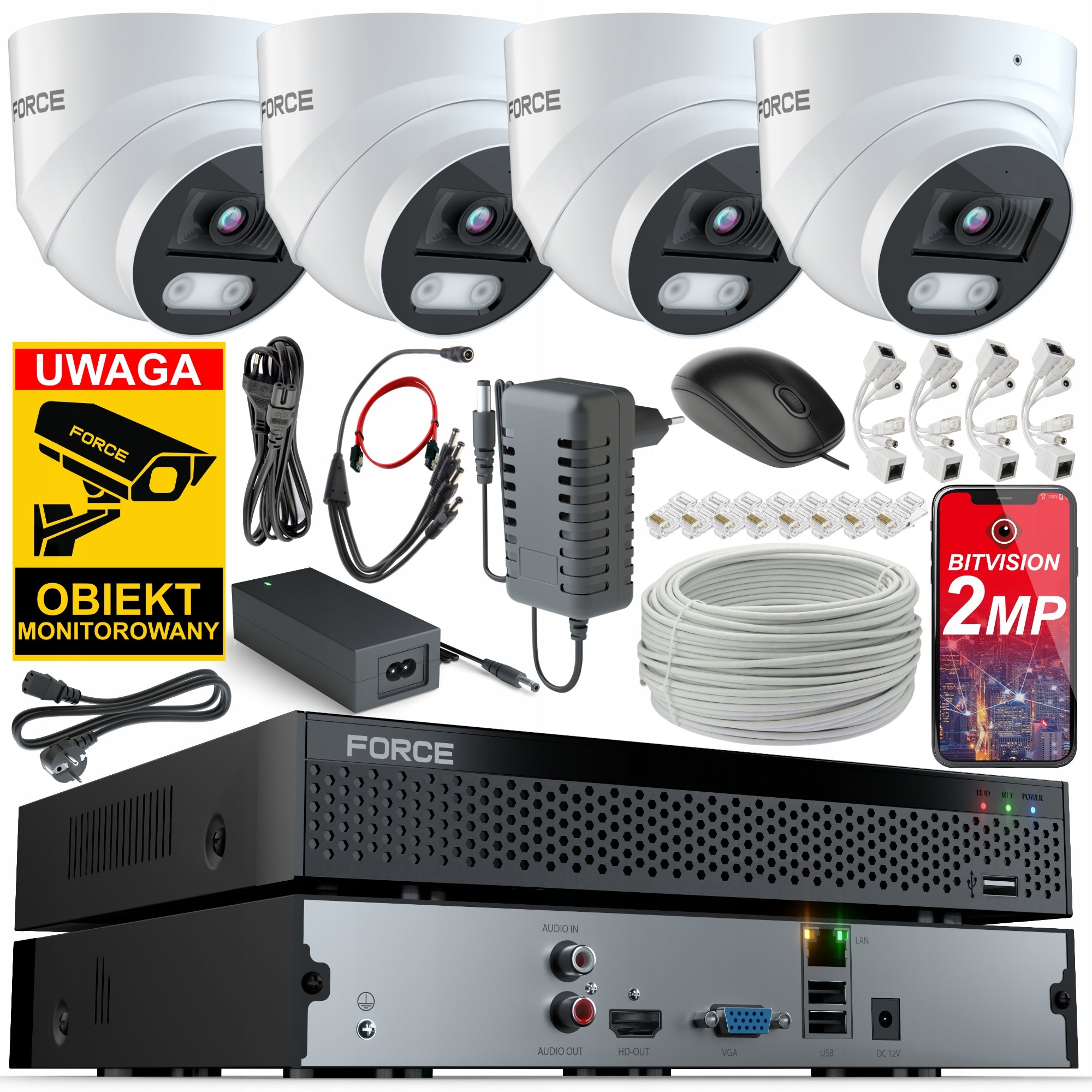FORCE Monitoring Kit 4x IP Camera 2MPx Full HD Recorder Application