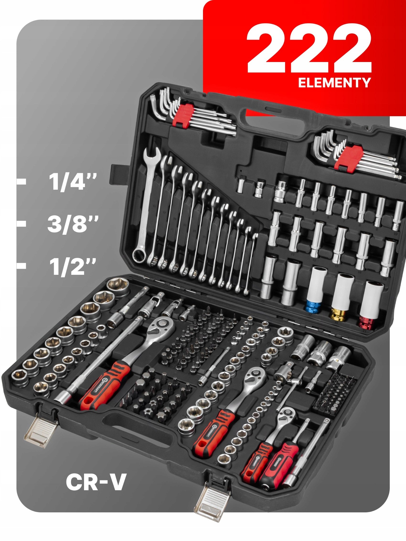 FORCEKRAFT Tool set 222 ELEMENTS CrV steel LARGE set 1/4" 3/8" 1/2 Packaging status original