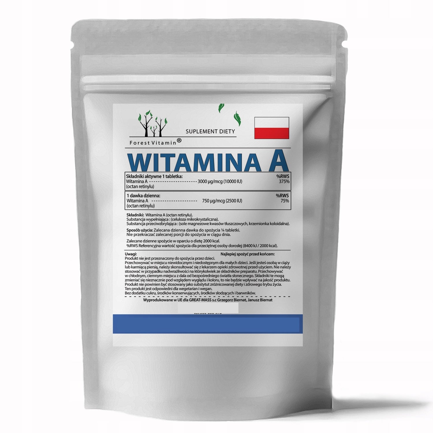 FOREST VITAMIN A 10000iu RETINOL 250tabs VISION SKIN EYES Manufacturer code WITAMINA A 10000iu RETINOL 250k WZROK SKÓRA