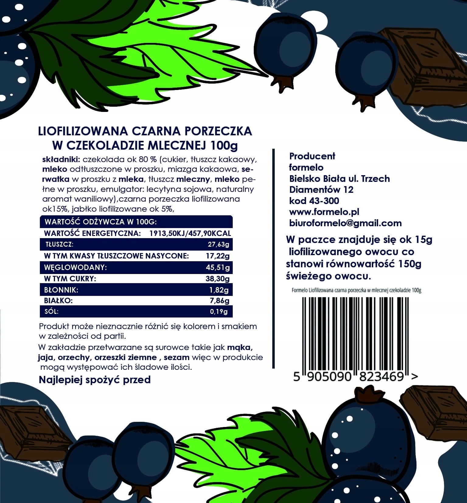 FORMELO FREEZE-DRIED BLACKCURRANT IN MILK CHOCOLATE 100% NAT 100g Brand no brand