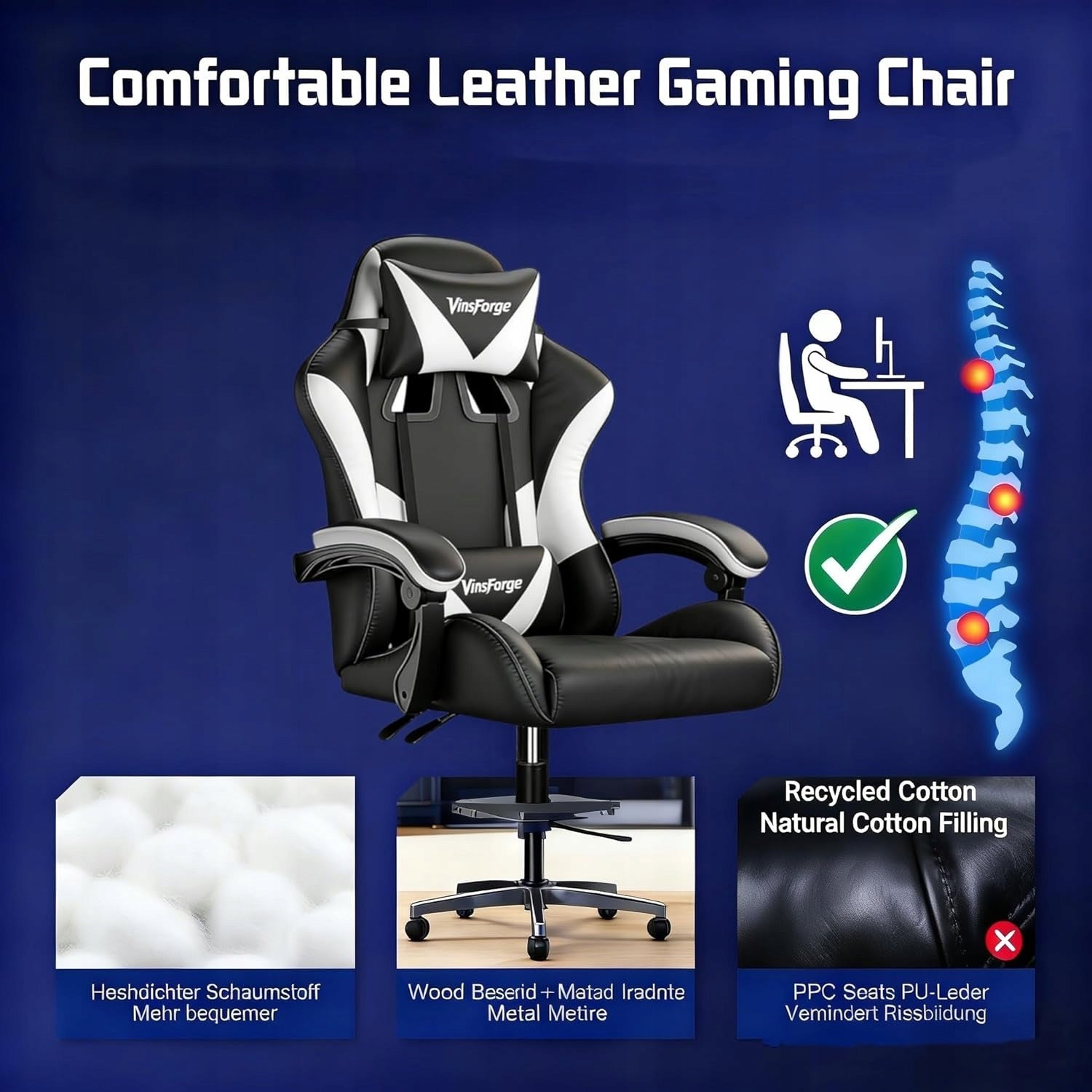 FOTEL GAMINGOWY VitaForge BIUROWY KRZESŁO GRACZA OBROTOWY KUBEŁKOWY CZARNY Furniture depth 50 cm