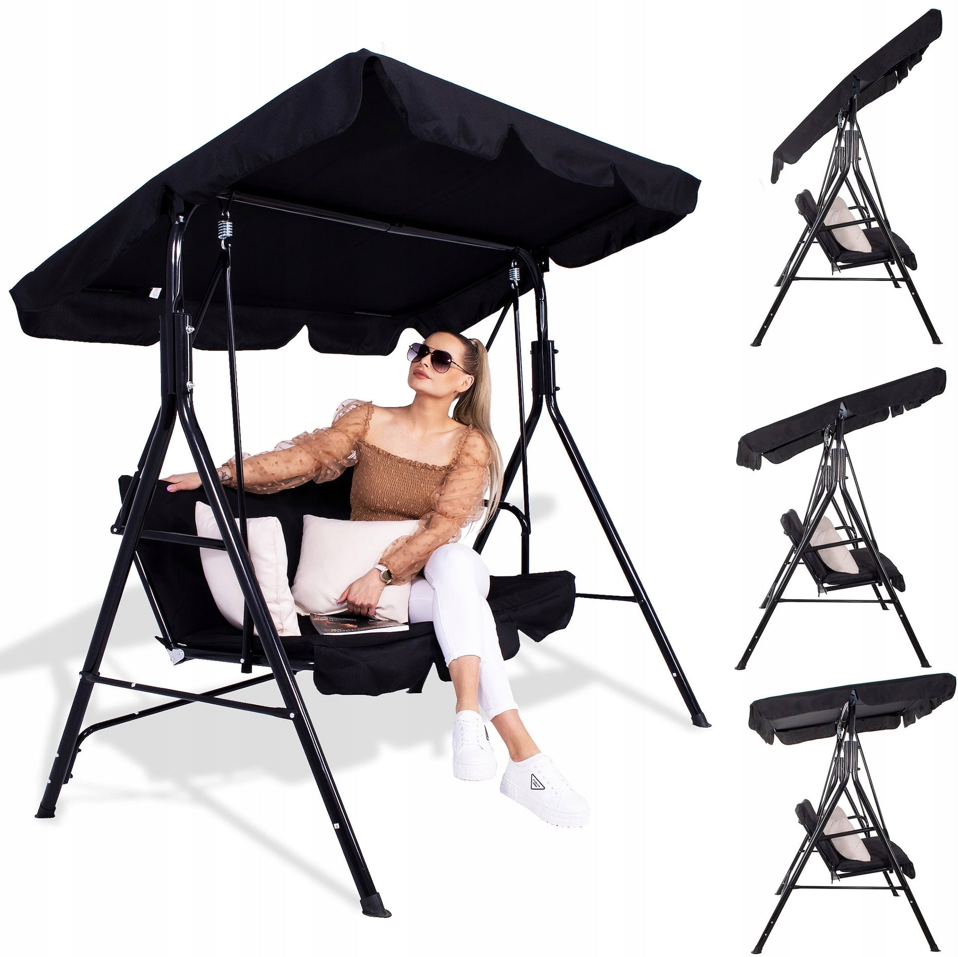 FREESTANDING GARDEN SWING 3 SEATER ROCKING BENCH BLACK CANOPY STRONG