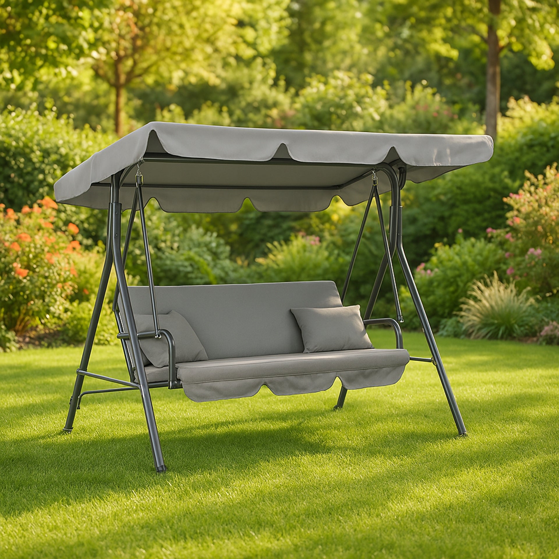 FREESTANDING GARDEN SWING 3 SEATER ROCKING BENCH GREY CANOPY STRONG Material of manufacture metal fabric