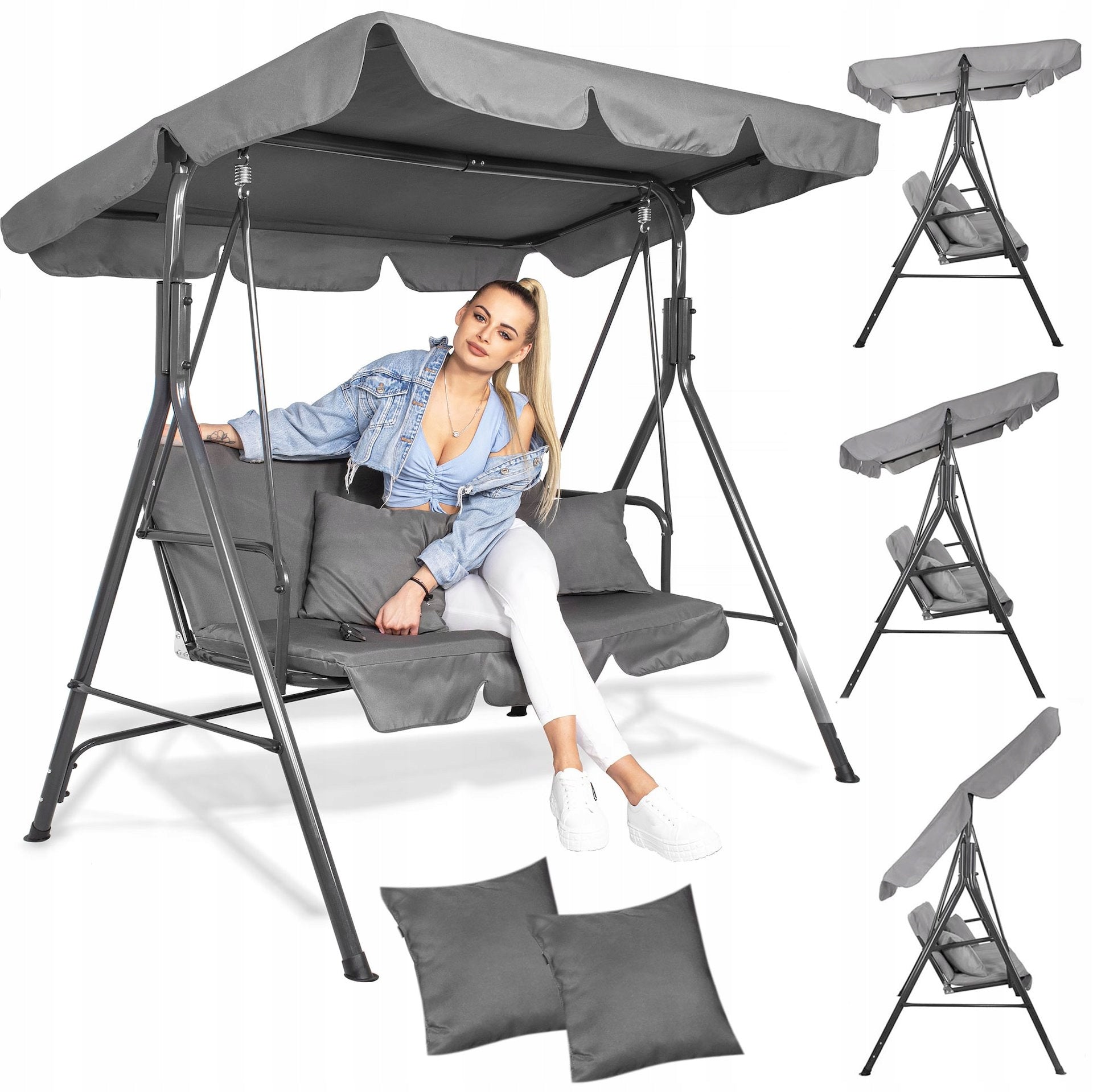 FREESTANDING GARDEN SWING 3 SEATER ROCKING BENCH GREY CANOPY STRONG