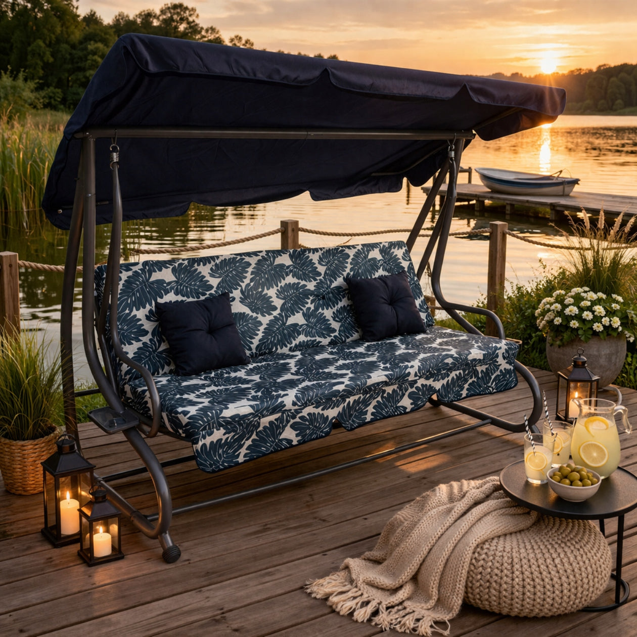 FREESTANDING ROCKING GARDEN SWING WITH VISOR 2in1 + PILLOWS Line HUŚTAWKA WOLNOSTOJĄCA BUJANA RODZINNA