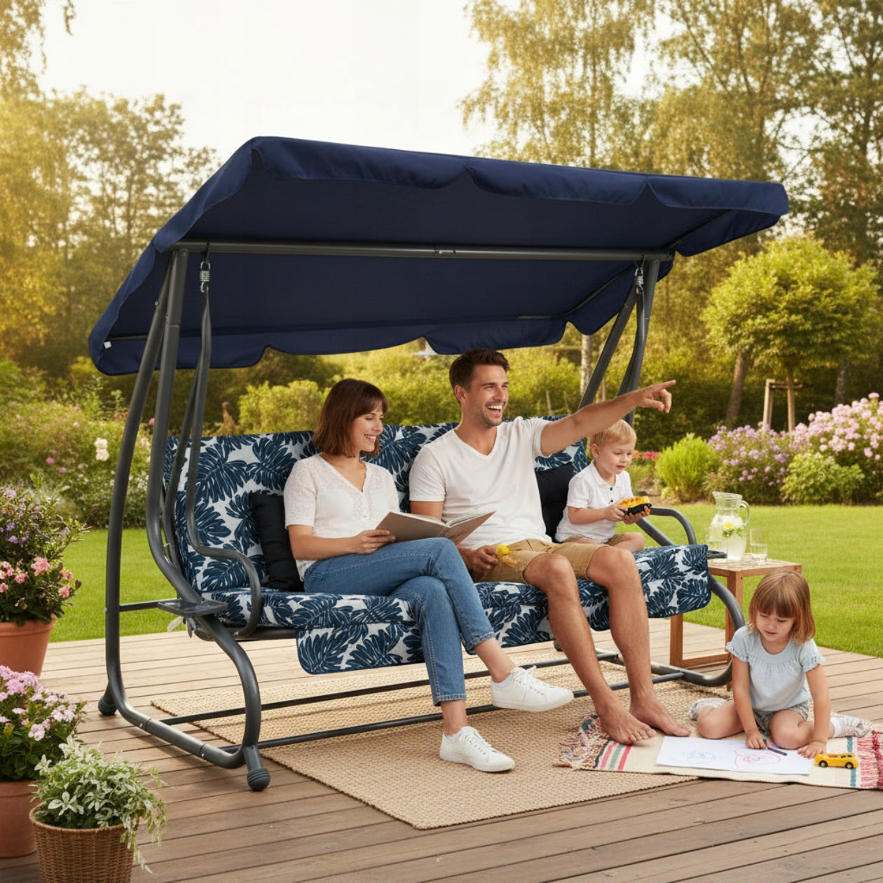 FREESTANDING ROCKING GARDEN SWING WITH VISOR 2in1 + PILLOWS Manufacturer code HUŚTAWKA OGRODOWA BUJANA WOLNOSTOJĄCA 2w1