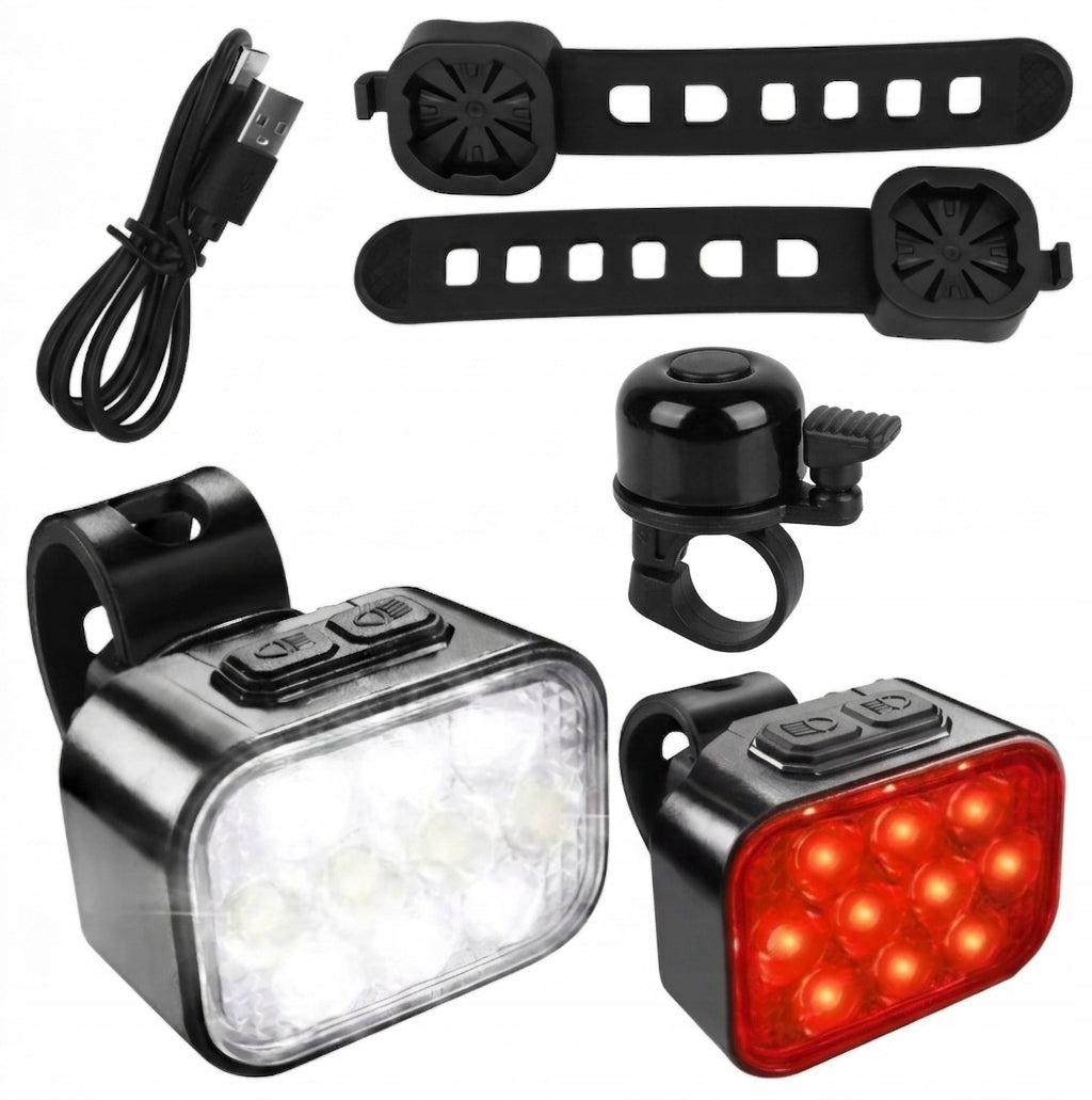 FRONT AND REAR BICYCLE LIGHTS LED STRONG RECHARGEABLE REFLECTORS + BELL