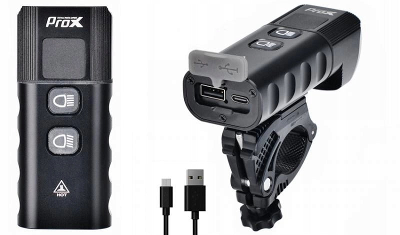 FRONT BICYCLE LAMP PROX KASTOR-X LED 1800lm 6400mAh USB Set contents rechargeable battery user manual charger lamp flashlight handlebar mount holder