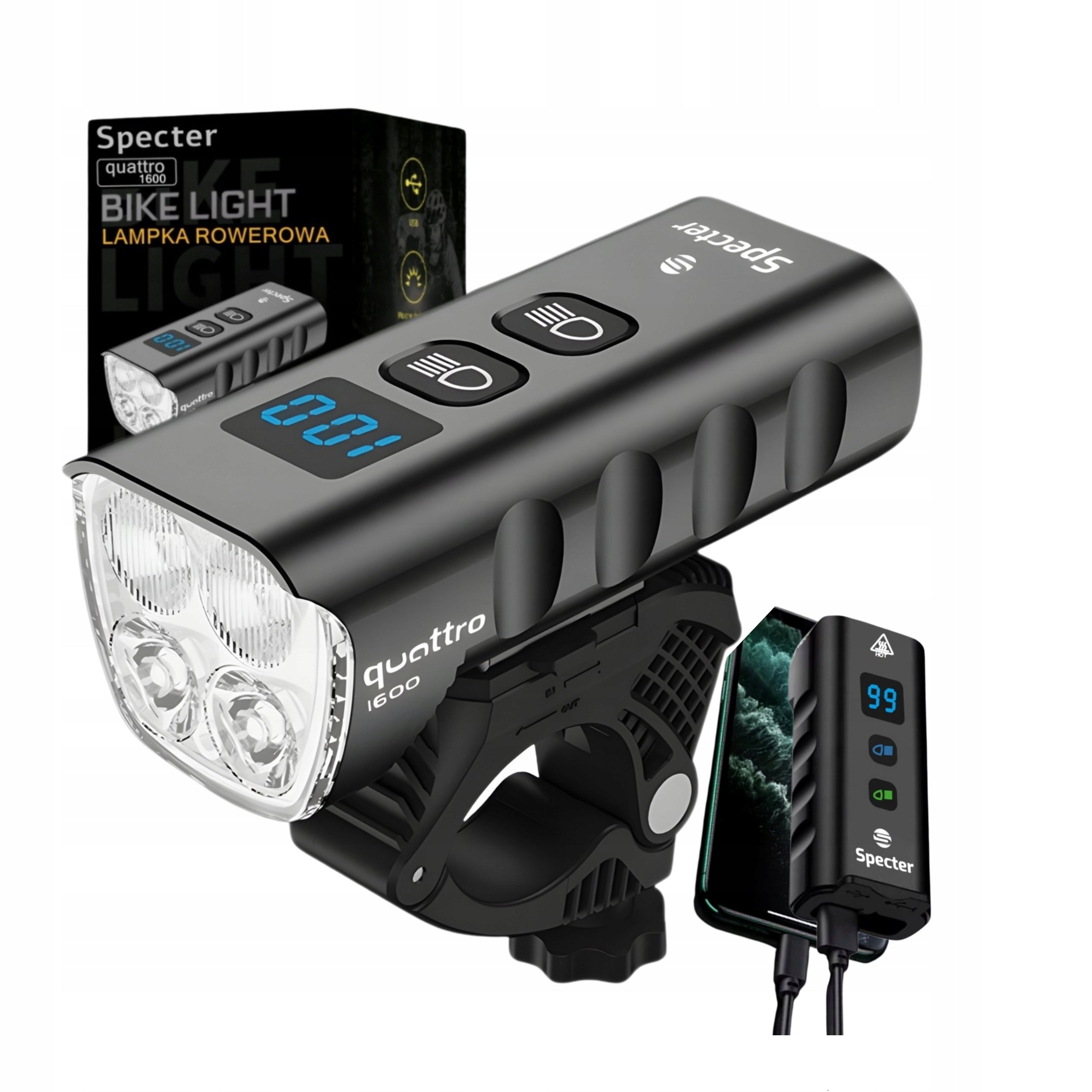 FRONT BIKE LIGHT LED USB C Specter Quattro 1600lm Powerful Powerbank