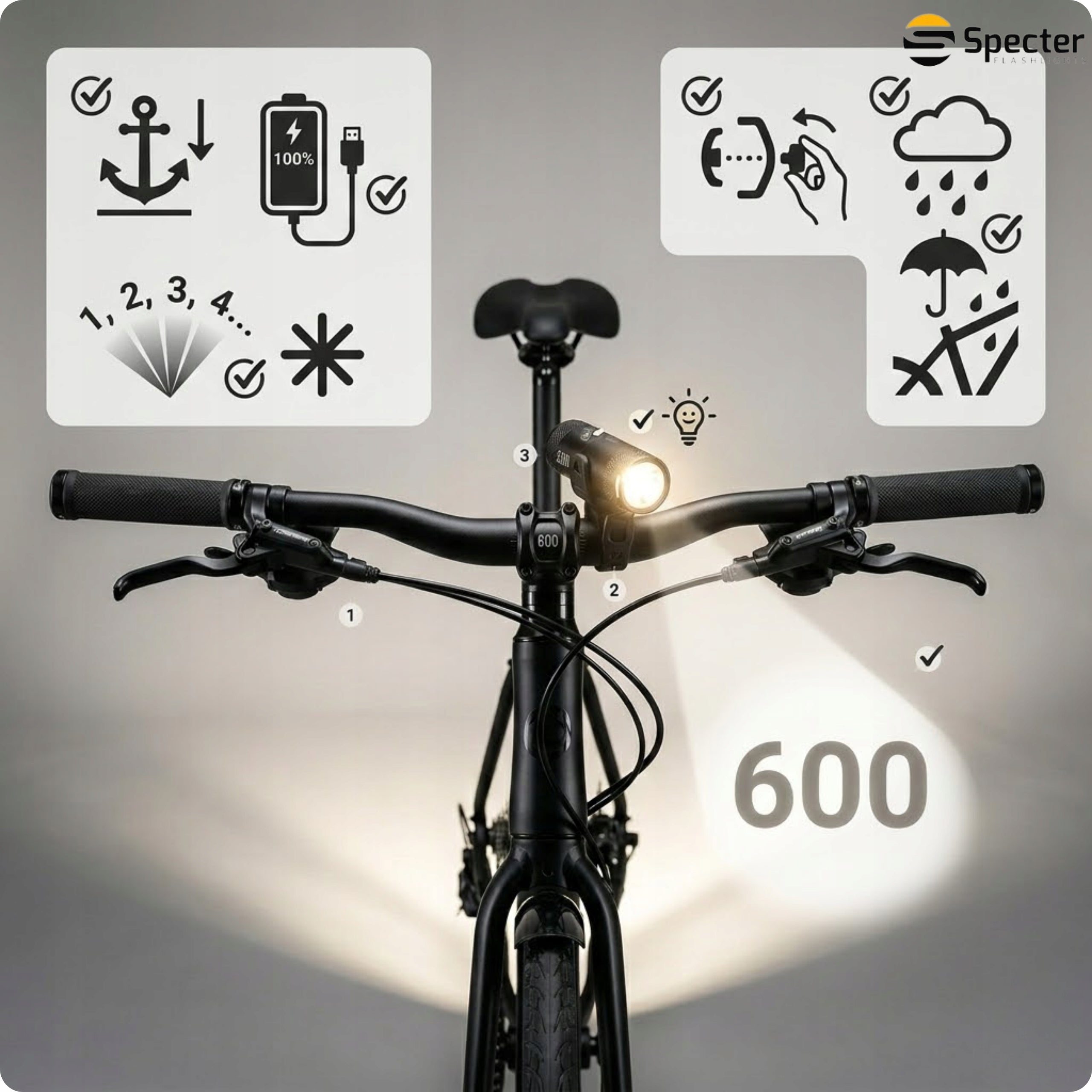 FRONT BIKE LIGHT USB C Led Specter 600lm Strong Urban for Bike Power supply rechargeable battery