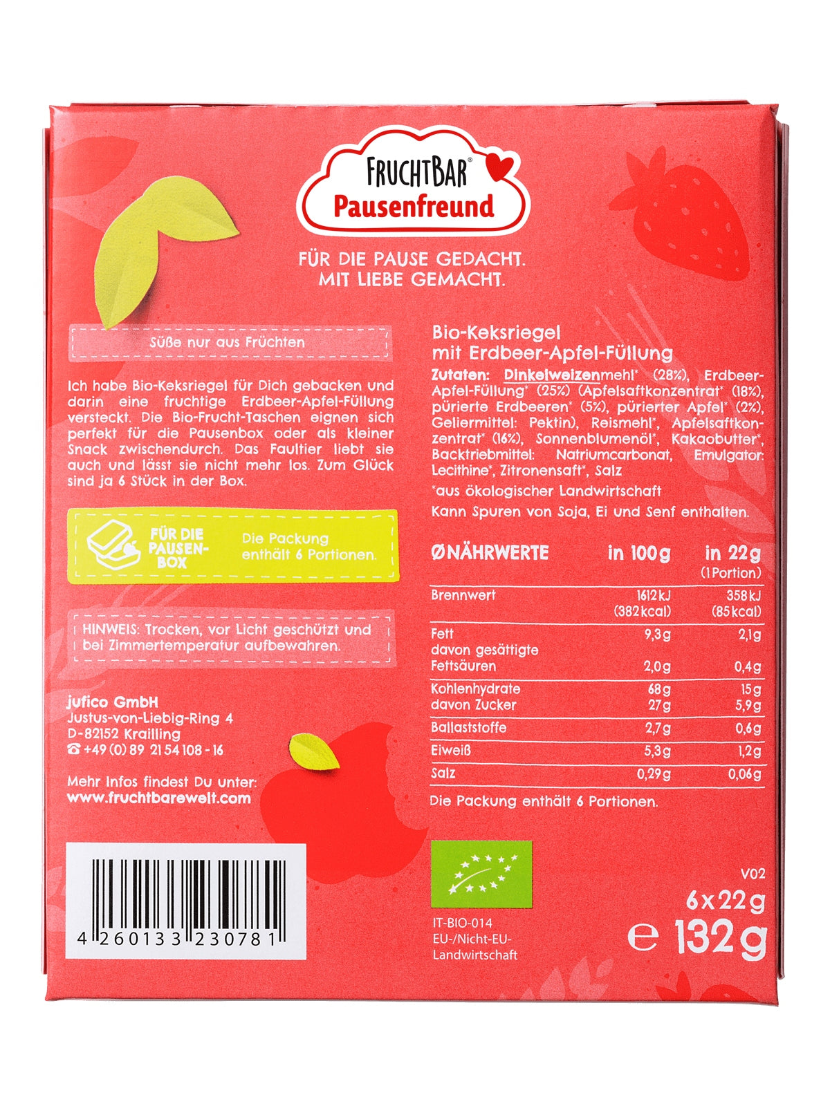 FRUCHTBAR Spelt cookies with strawberry and apple filling 6x BIO 22g Manufacturer code Bio Frucht Tasche Dinkel, Erdbeere, Apfel