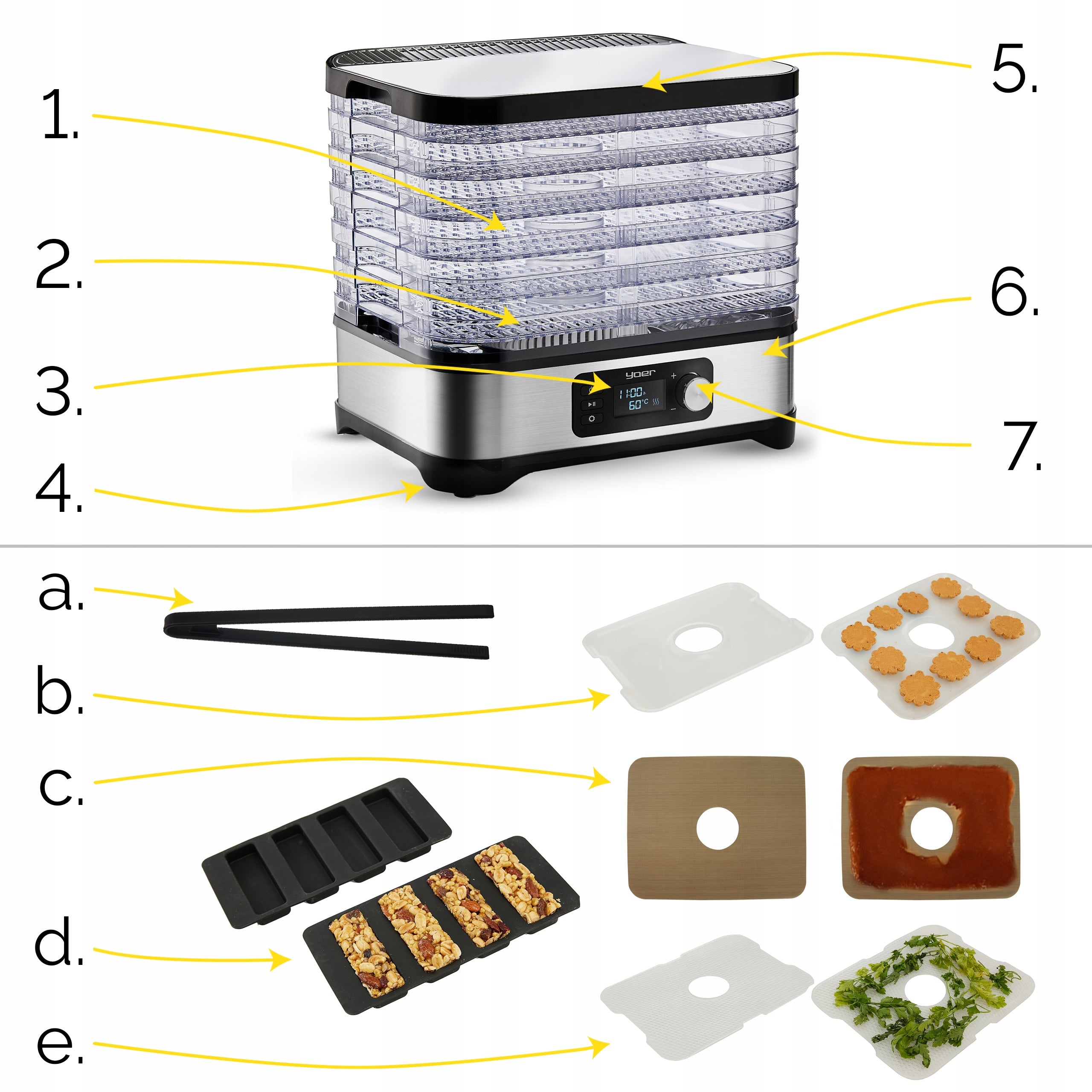 FRUIT MUSHROOM DRYER 10in1 LARGE Yoer 450W INOX Timer +6 SIT+9 ADDITIVES Manufacturer code SUSZARKA SPOŻYWCZA DO GRZYBÓW PREMIUM