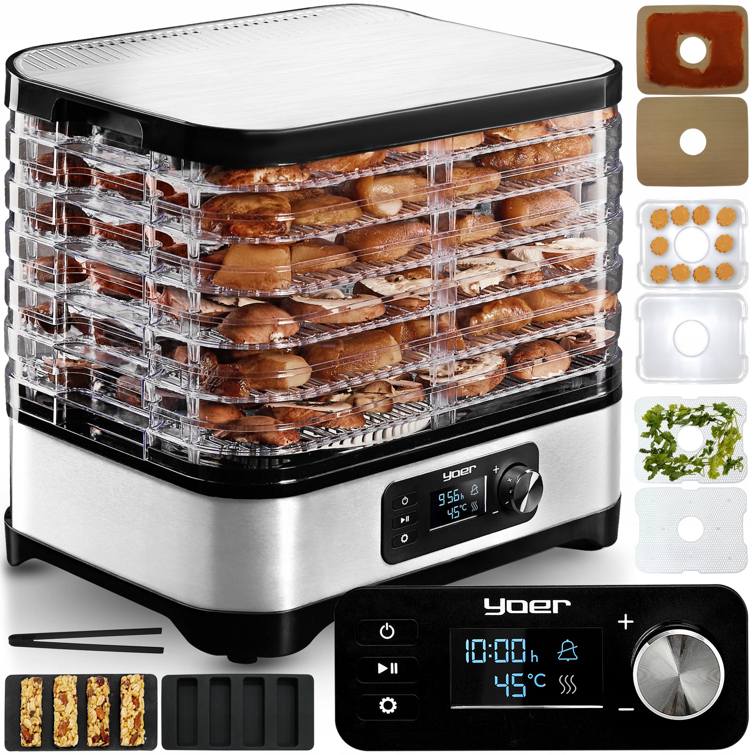 FRUIT MUSHROOM DRYER 10in1 LARGE Yoer 450W INOX Timer +6 SIT+9 ADDITIVES