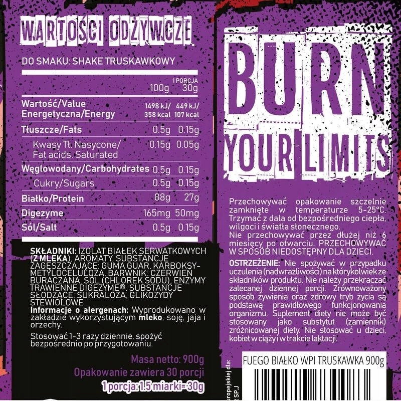 FUEGO ISO PROTEIN 900 G STRAWBERRY WPI ISOLATE Expiration date at least six months from the date of purchase
