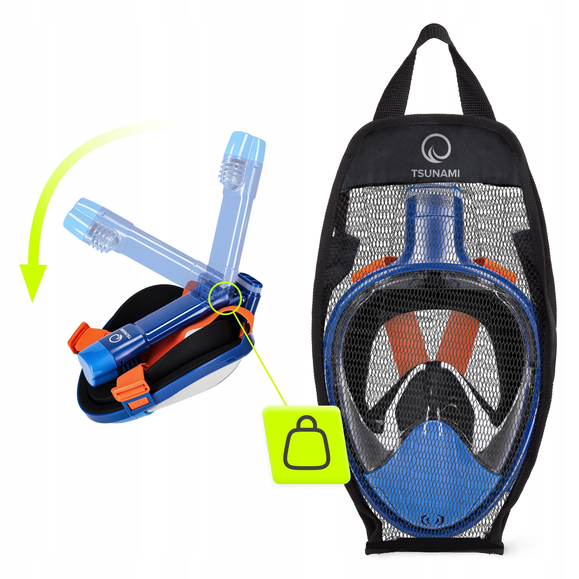FULL FACE PANORAMIC SWIMMING DIVING MASK WITH FOLDING TUBE Brand Tsunami