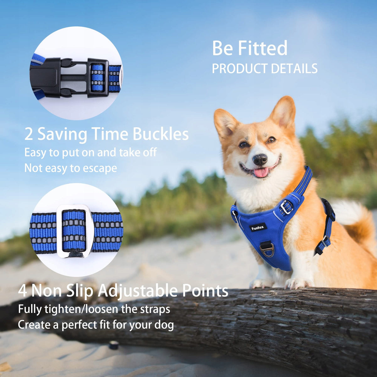 FUNFOX Harness For Large Dogs Adjustable Anti-String Blue L Manufacturer code FFGH010-L-DE