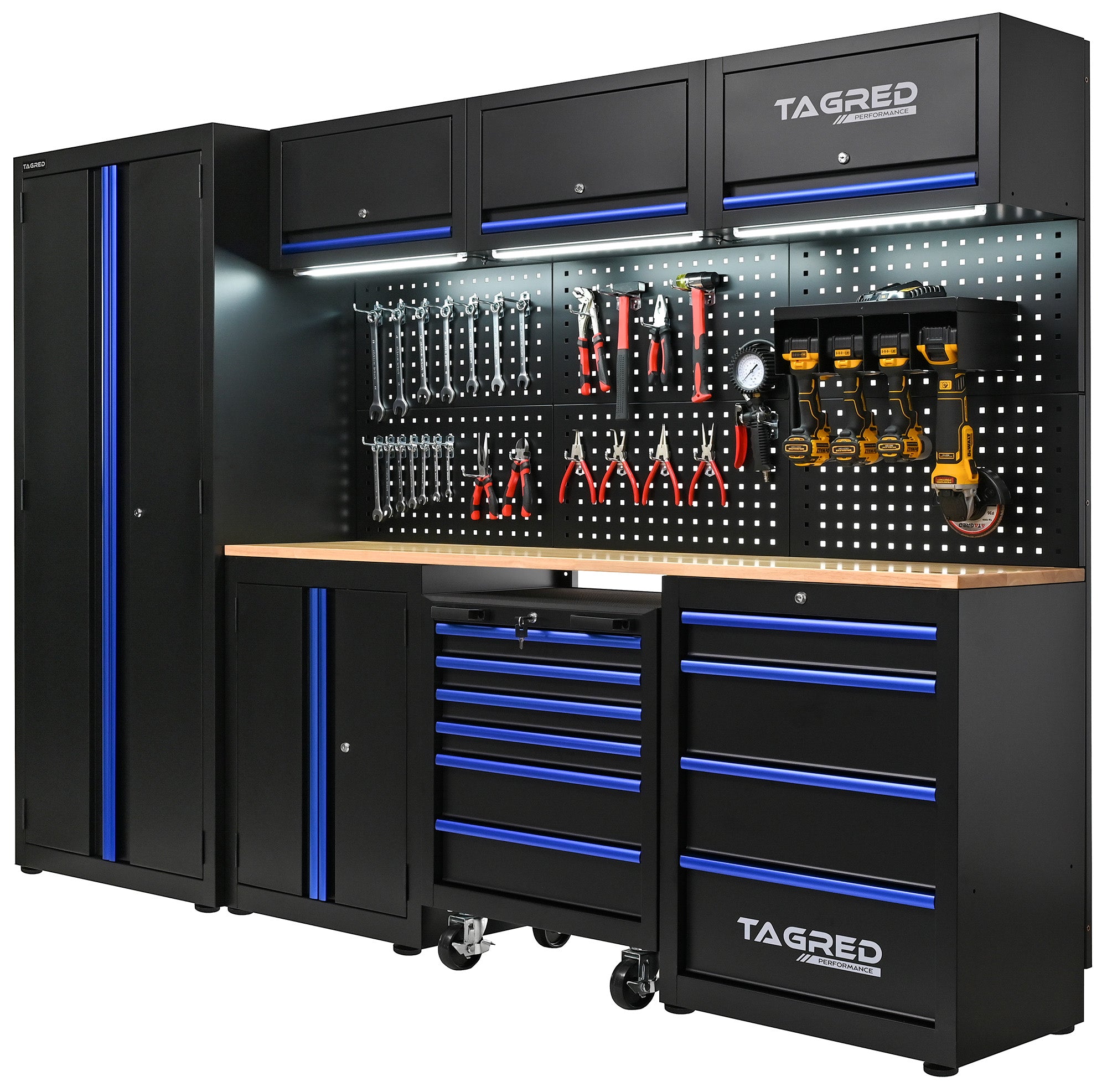 FURNITURE FOR WORKSHOP, GARAGE 8 MODULES, LED TOOL CABINET + SET Additional features additional support wheels wheel lock brake lockable guide handles drawers