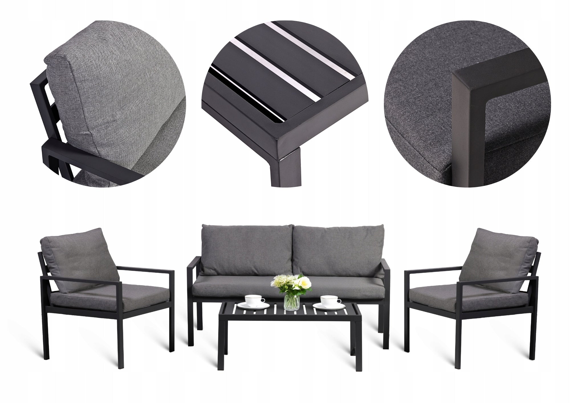 FURNITURE SET ALUMINUM GARDEN SET 4 PERSONS 2 ARMCHAIRS SOFA TABLE