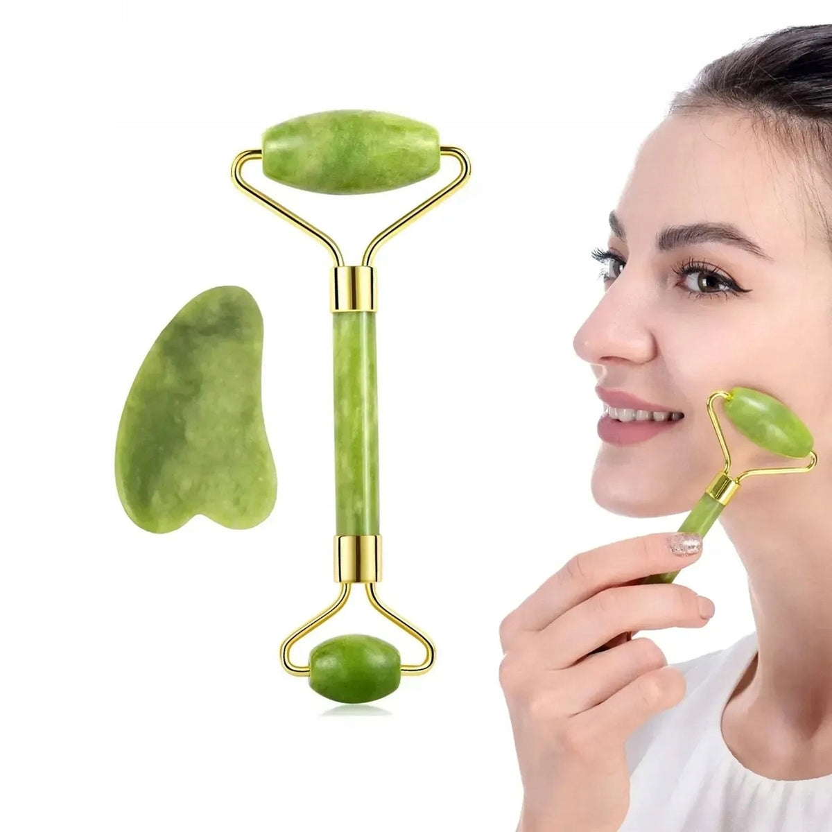 Face Quartz Roller Massager Set + Gua Sha Stone
