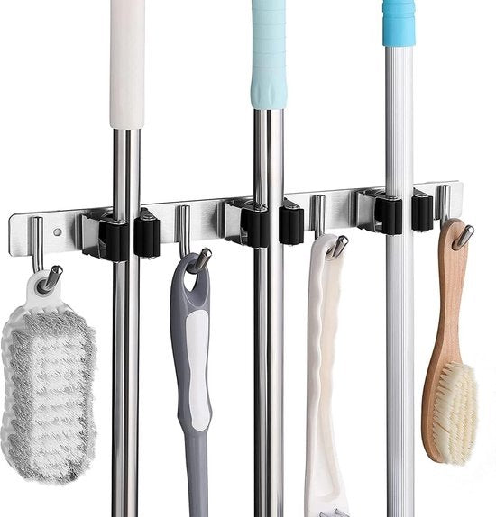 Famanu broom holder black – organizer with 3 slots and 4 hooks