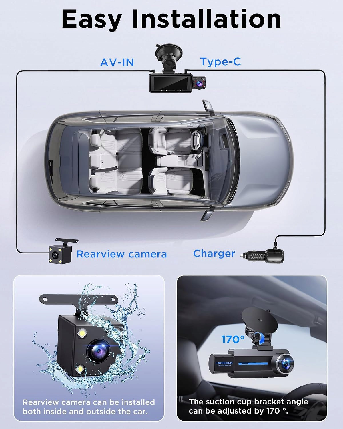Famgoods4K car camera, IPS3,16 inch screen,360°,front-back,G sensor Manufacturer code Famgoods