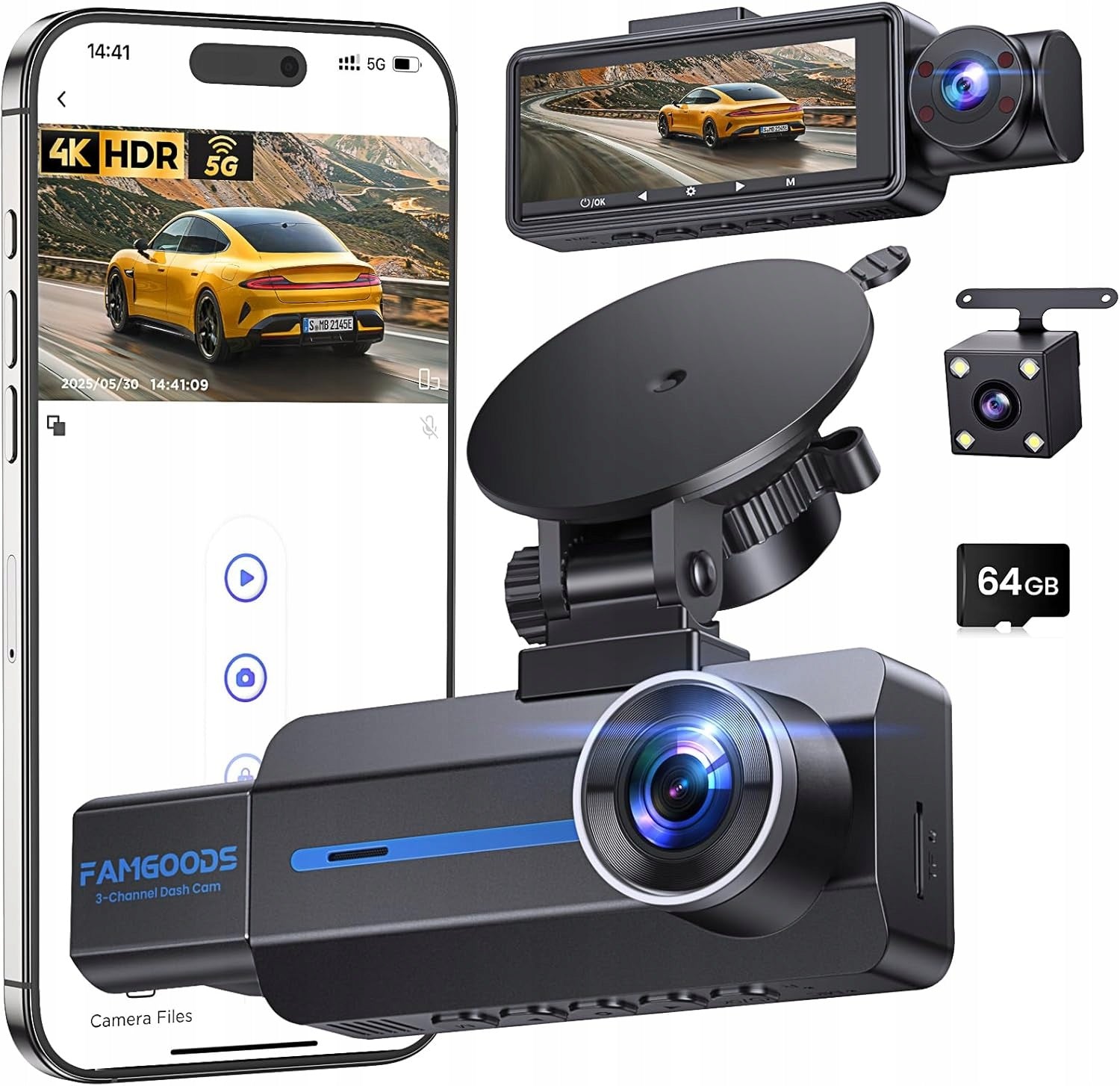 Famgoods4K car camera, IPS3,16 inch screen,360°,front-back,G sensor