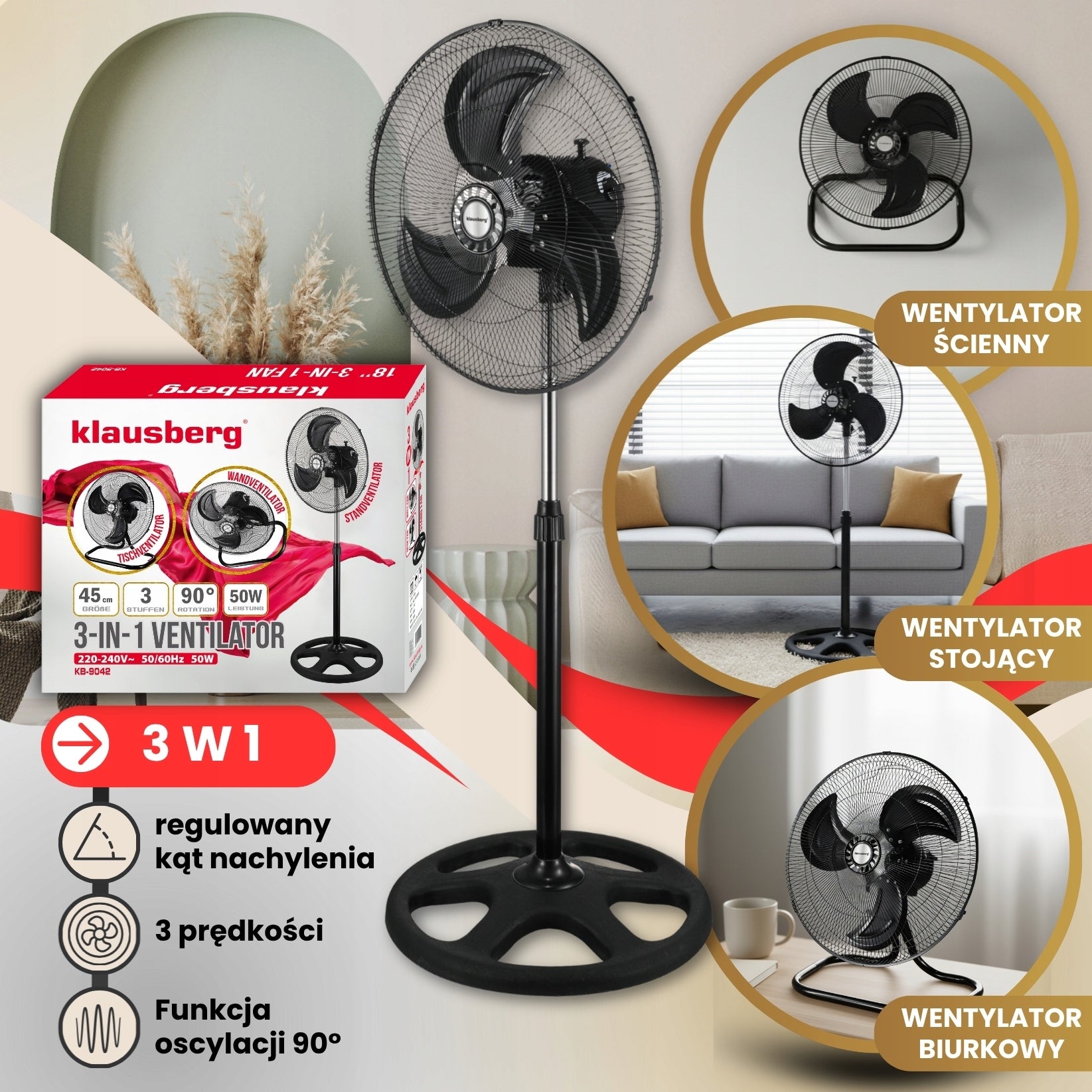 Fan 3in1 45cm Standing Desk Wall Mounted 50W Klausberg KB-9042 Brand Klausberg