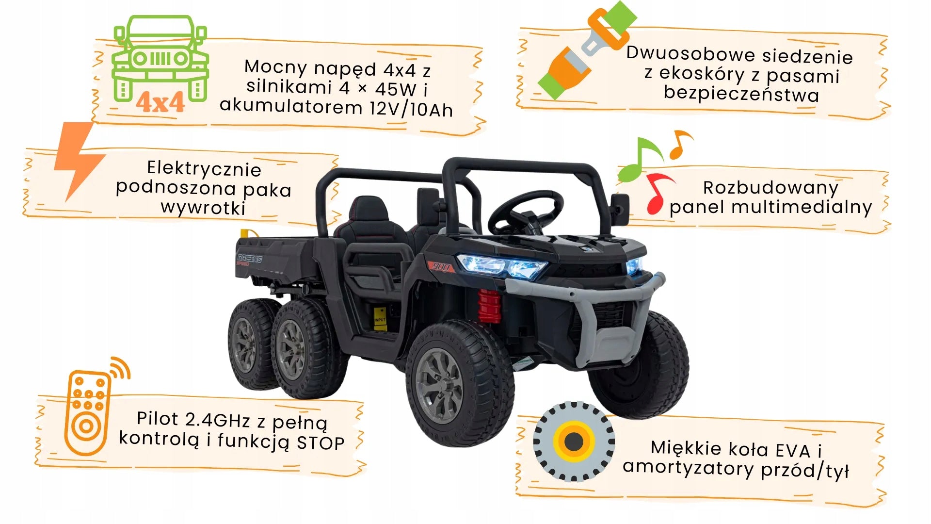 Farmer Truck Tipper Black Battery 12V/10Ah 4x45W for Kids Batteries included yes