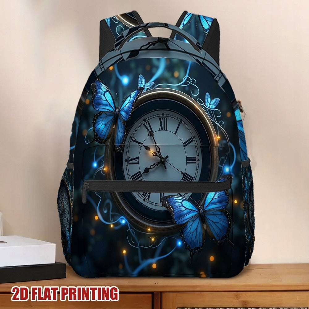 Fashionable Lightweight Backpack with Butterfly Clock Print - Spacious