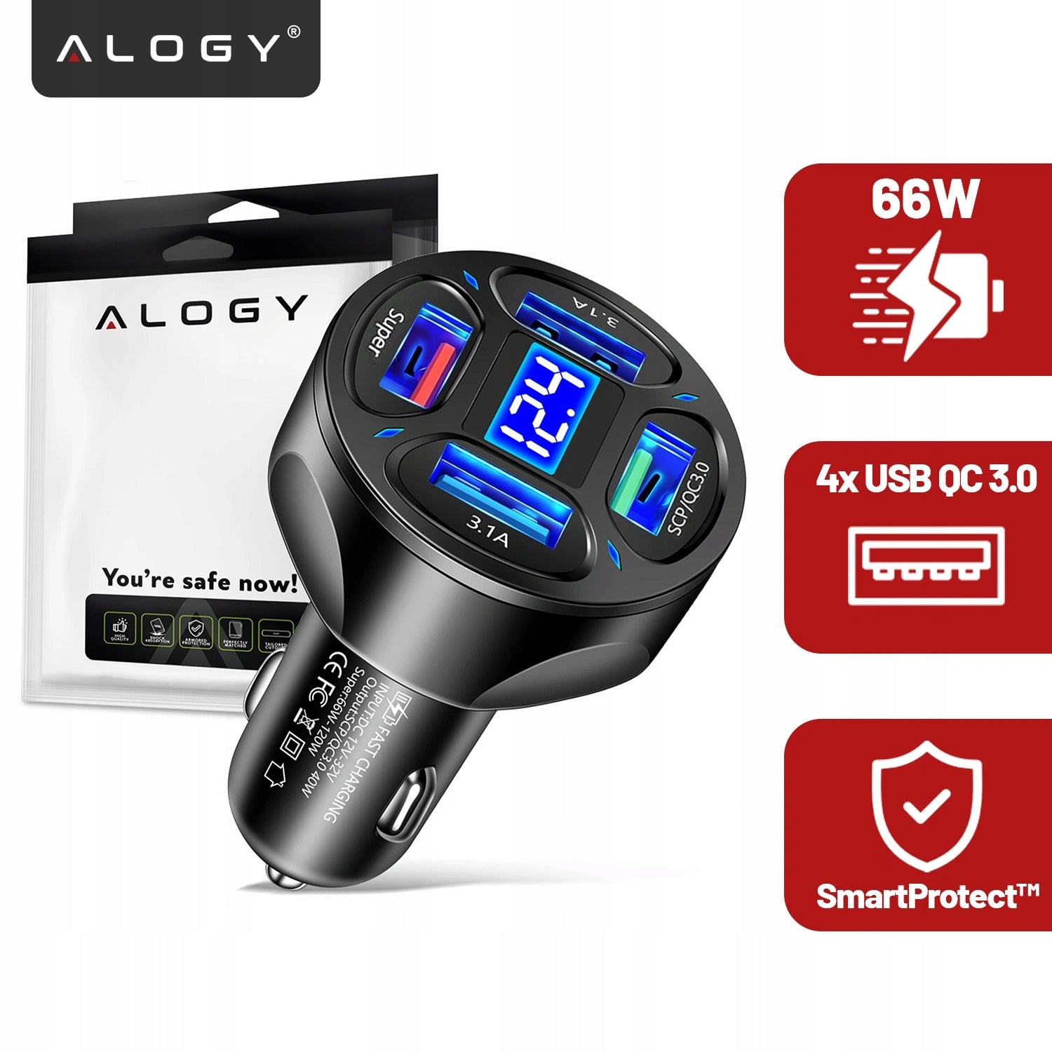 Fast Car Charger 4xUSB 7A (3xQC) Super Powerful 66W for your phone Color black