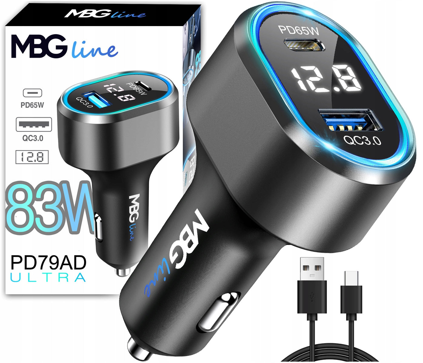 Fast Car Charger for Cigarette Lighter USB C PD 65W QC3.0 Voltmeter
