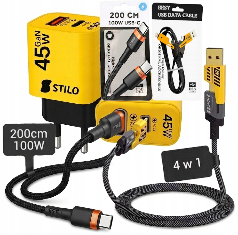 Fast Charger GaN 45W PD QC + 2 Cables : C-C 100W 2m and 4in1 A/C/Lightning