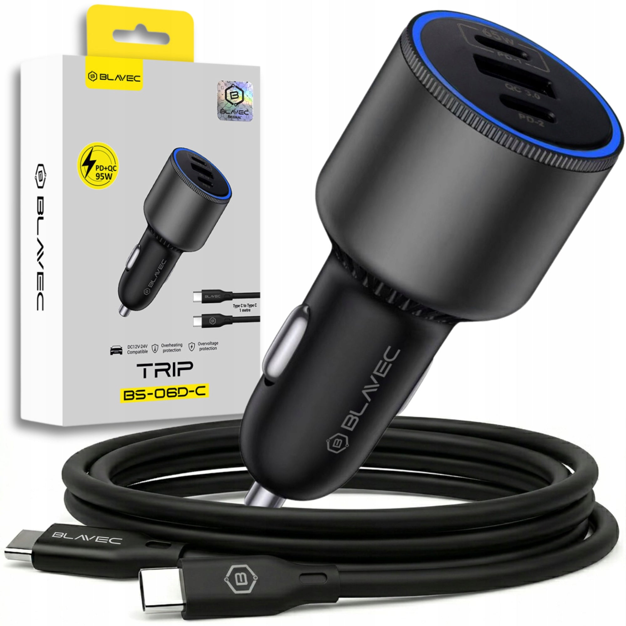 Fast USB Car Charger 2xUSB-C QC3.0 95W for Cigarette Lighter Phone