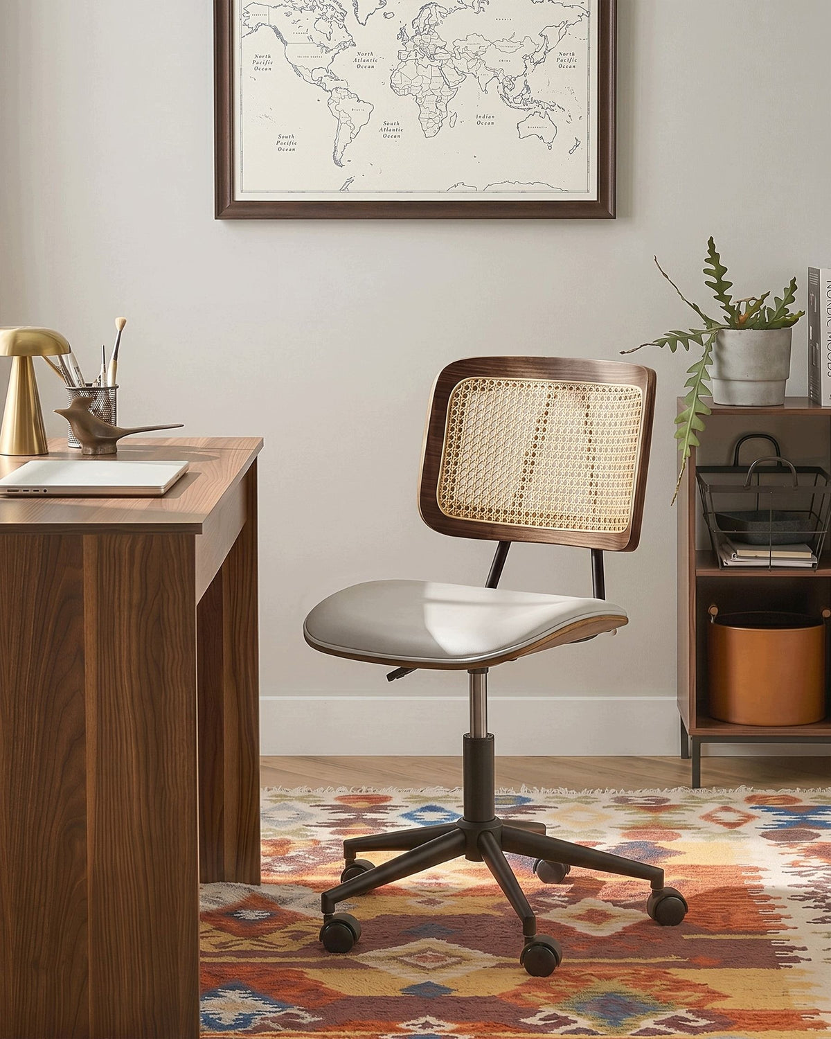 Faux Leather Office Chair Adjustable Wheels Beige Gray Packaging status original