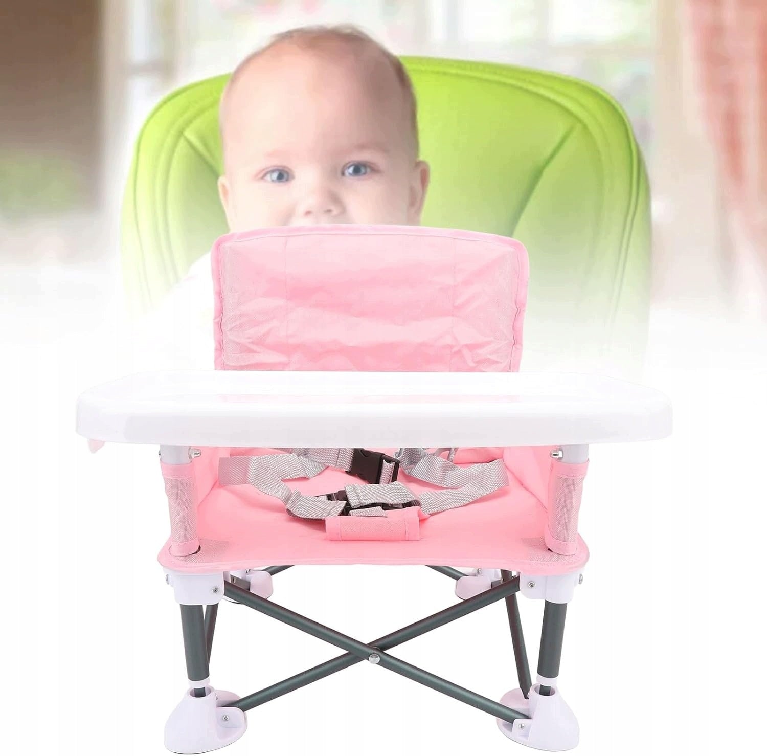 Feeding Chair Folding PINK TRAY TABLE SEAT TRAVEL BELTS Color pink