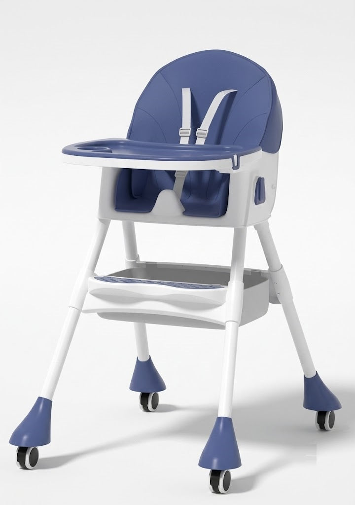 Feeding chair 3in1 seat adjustable tray belts wheels navy blue