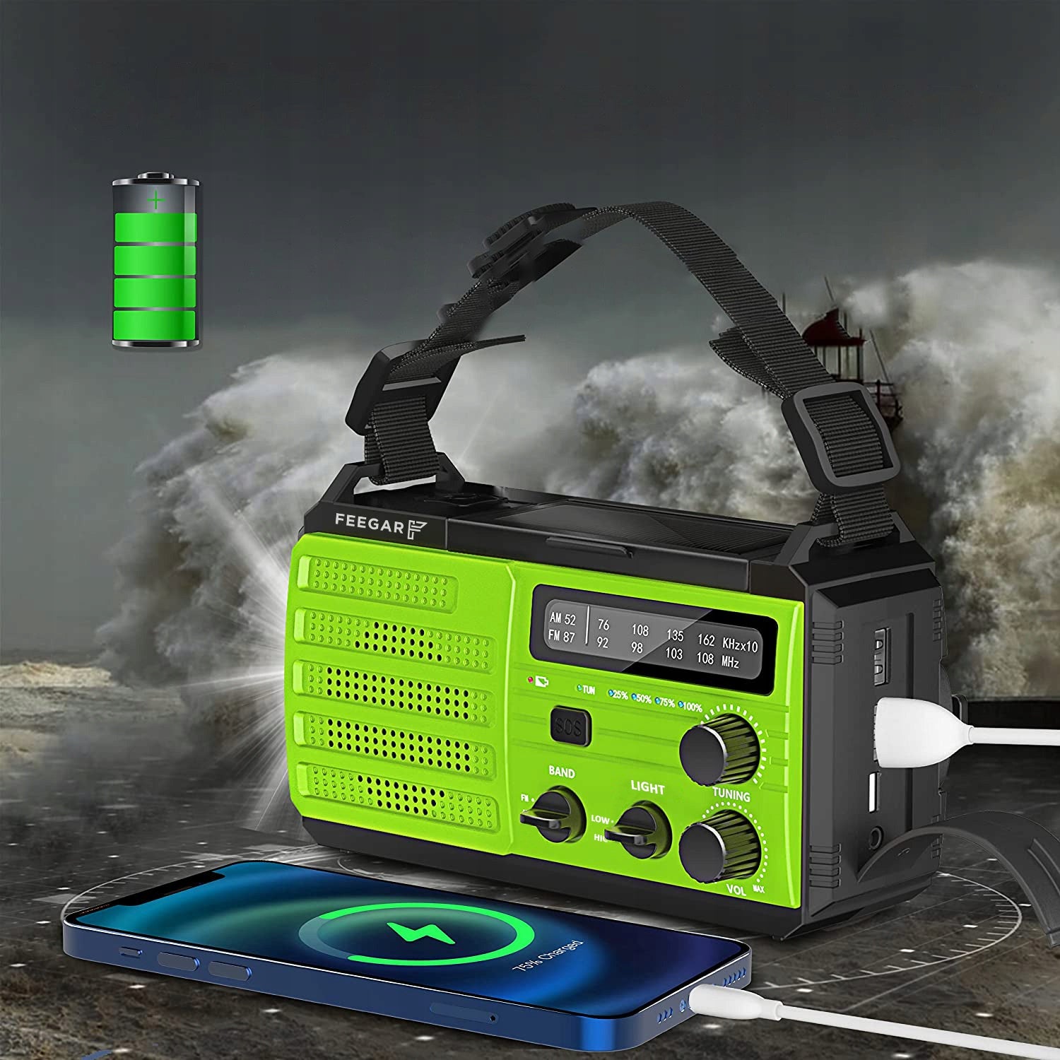 Feegar OZE3 FM Radio AM Construction Network Portable Solar 8000mAh Flashlight Color green