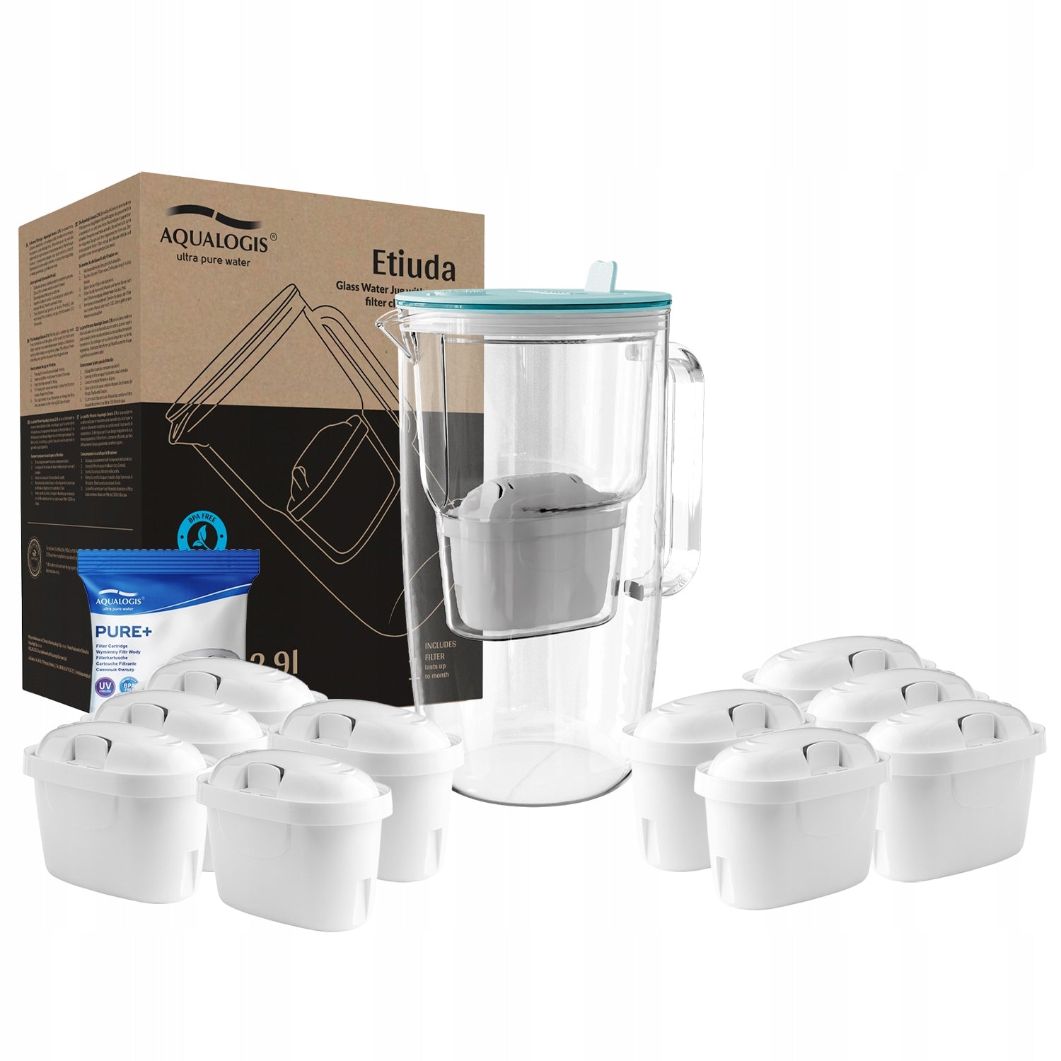 Filter Jug Glass Blue Etude +10pcs Pure+ Filter Cartridges