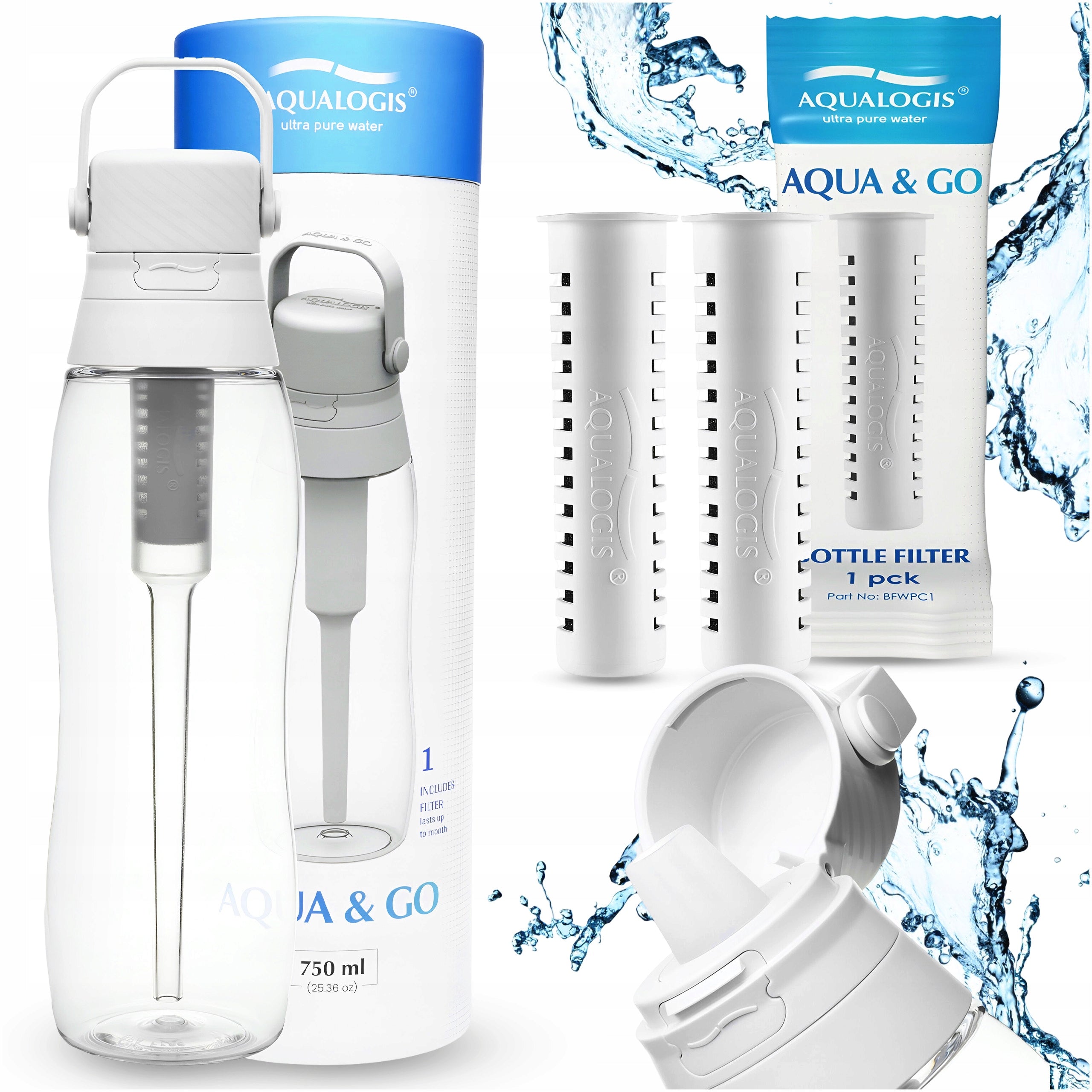 Filter Water Bottle Aqualogis Aqua&Go 750ml White with 2 filters
