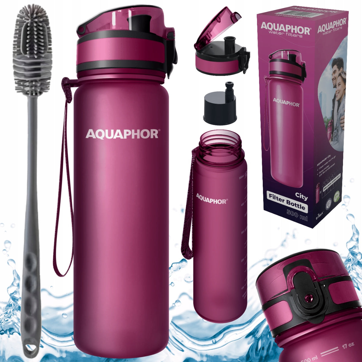 Filter bottle AQUAPHOR CITY 0,5 L burgundy + toothbrush