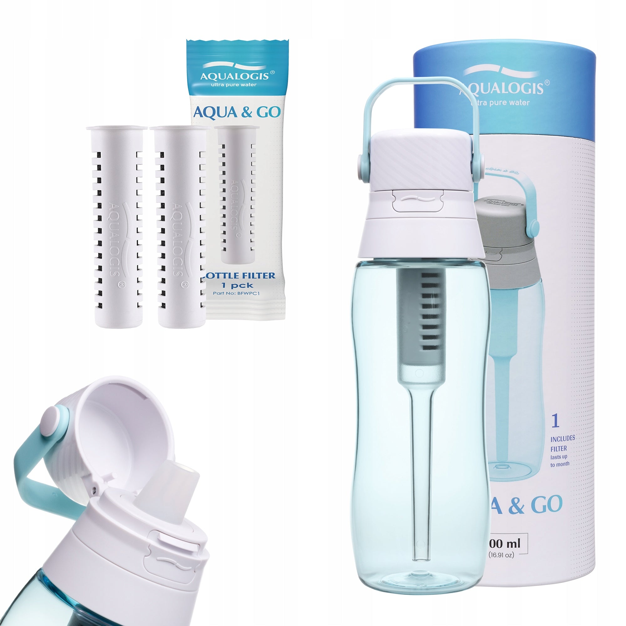 Filter bottle Aqualogis Aqua&Go 0,5 l blue + 2 refills
