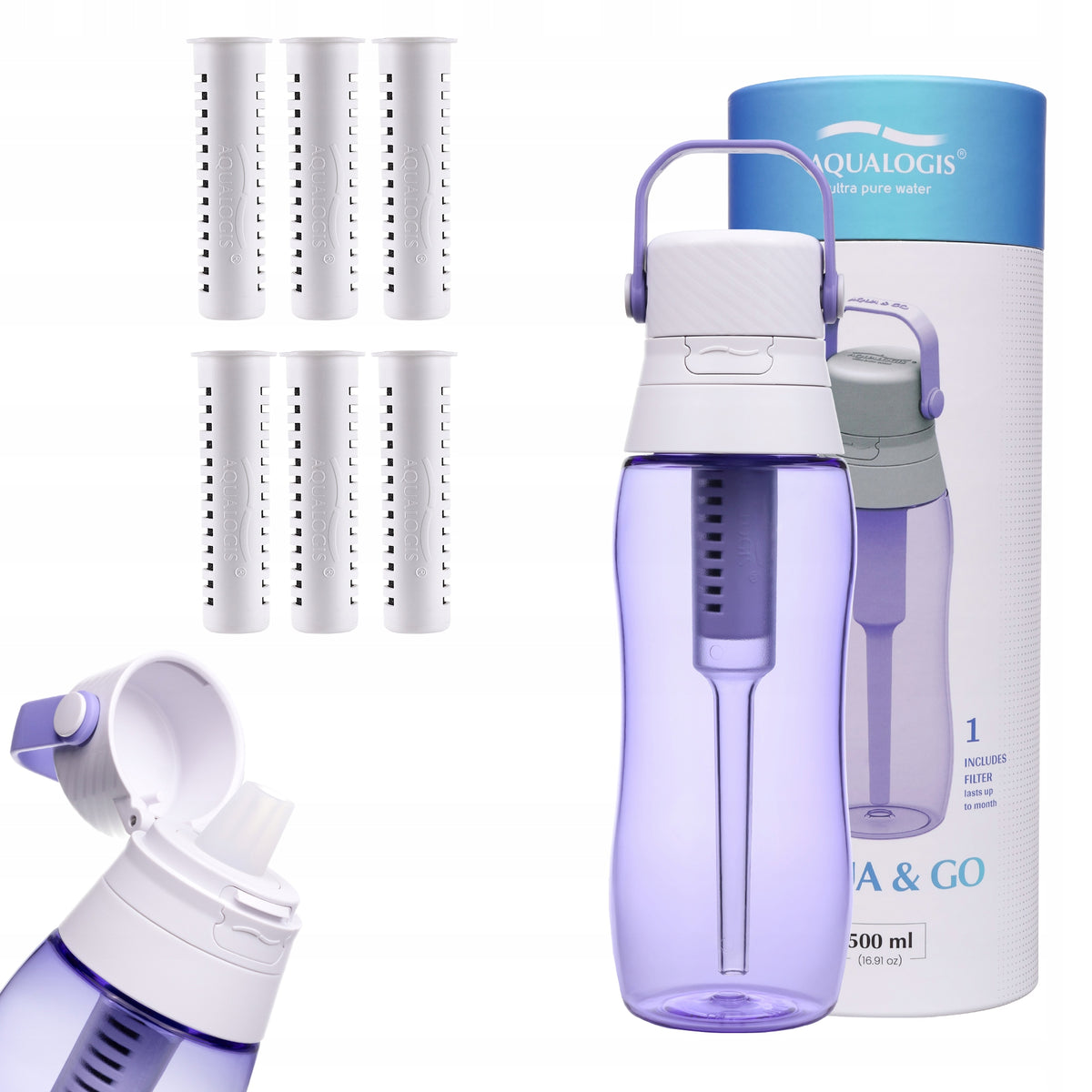 Filter bottle Aqualogis Aqua&Go 0,5 l purple + 6 refills