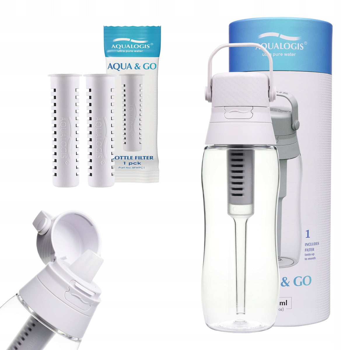 Filter bottle Aqualogis Aqua&Go 0,5 l white + 2 refills